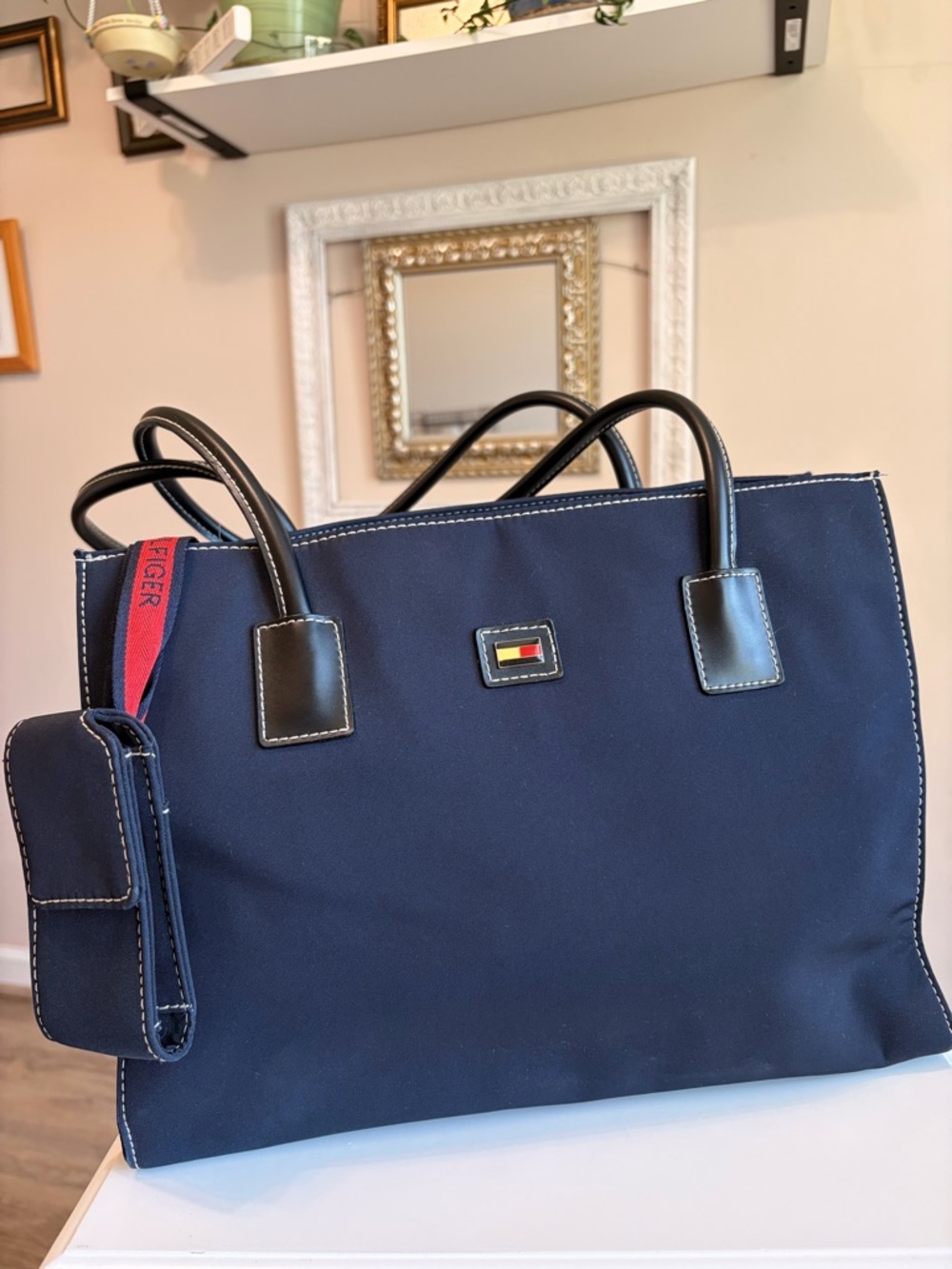 Vintage Tommy Hilfiger Navy Nylon Tote, Y2K Office tech style